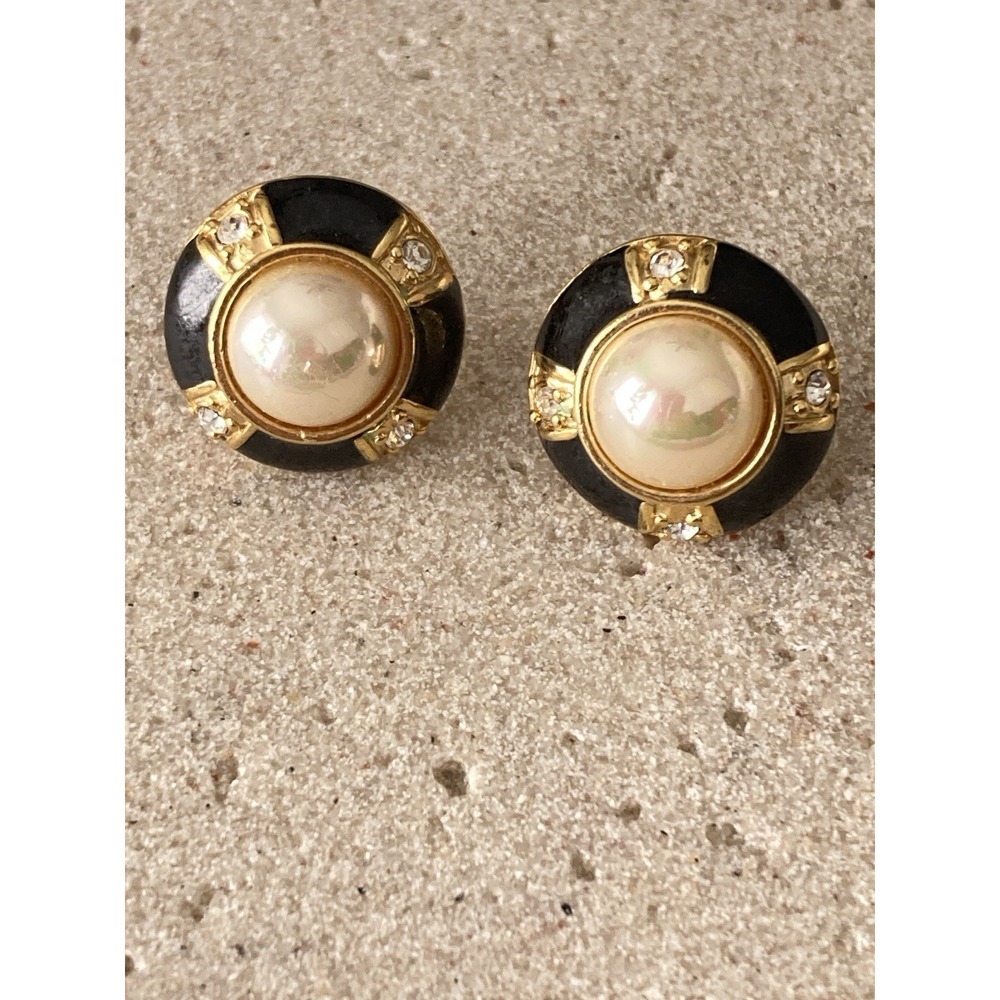 Vintage Roman 1980's Earrings Gold Tone Black Enamel Faux Pearl Rhinestone